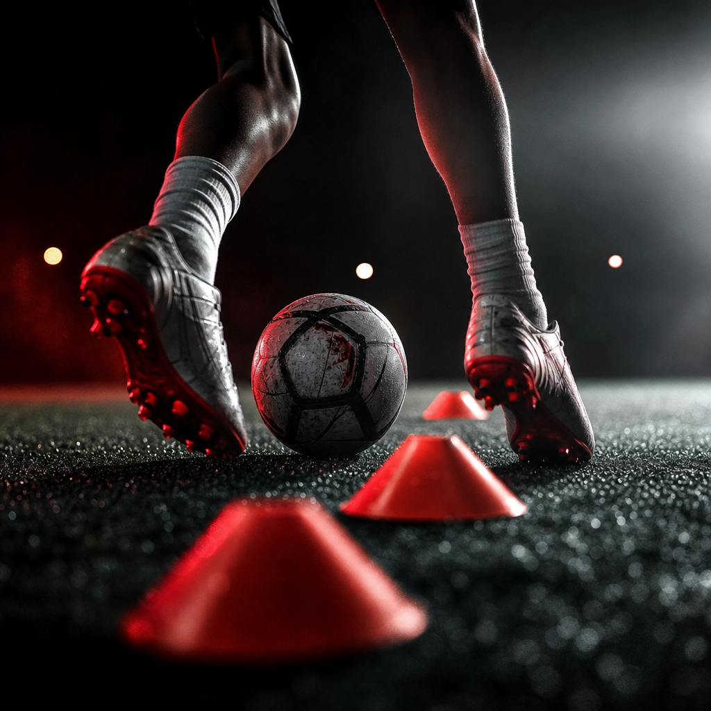Spieler beim Dribbeltraining um Hütchen